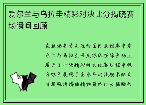 爱尔兰与乌拉圭精彩对决比分揭晓赛场瞬间回顾